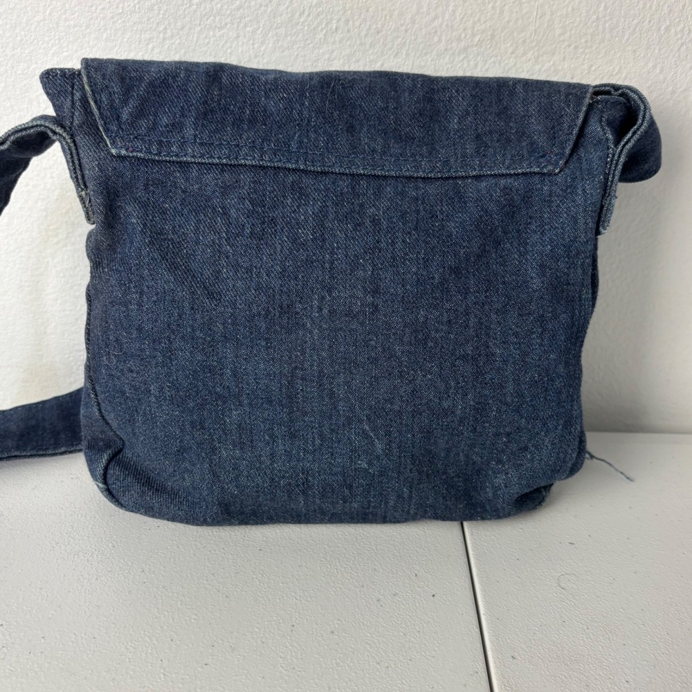 Vtg 2003 Old Navy Denim Crossbody Bag Heart Embroidery Beaded Fringe Y2K McBling - Picture 2 of 12